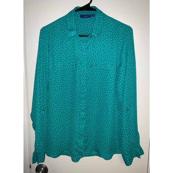 Apt. 9 Tops - Medium Blue/Green with White Long Sleeve Blouse